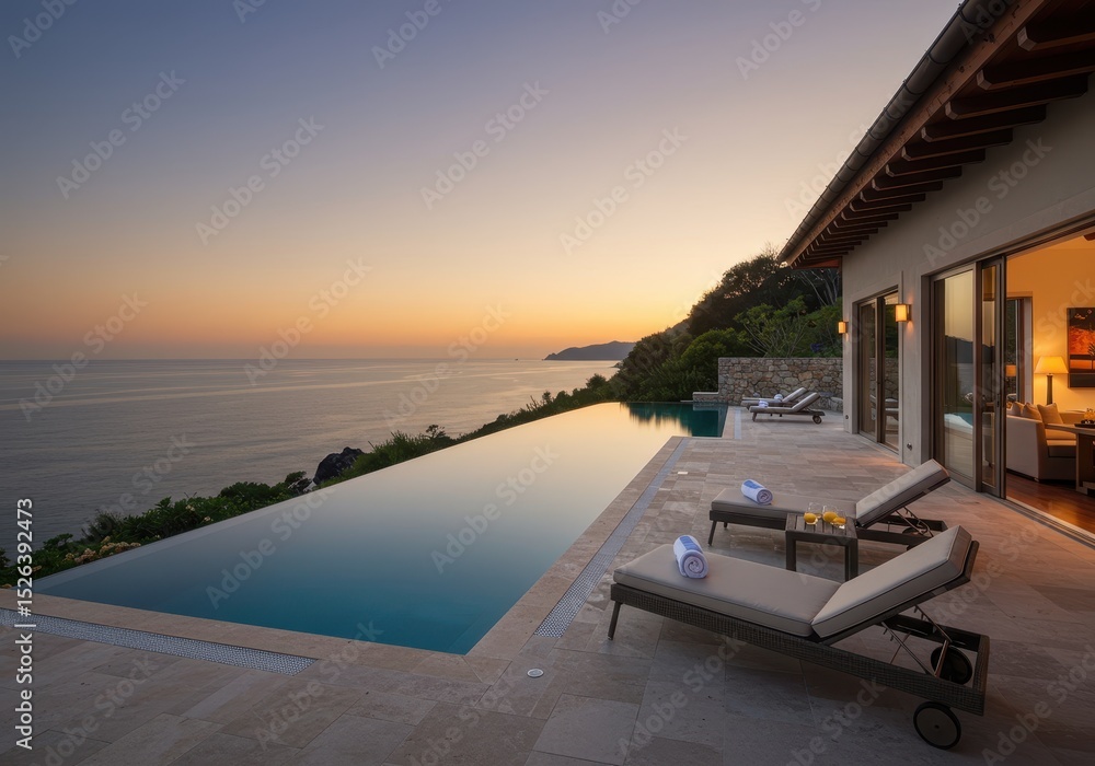 Fototapeta premium Infinity pool and lounge chairs overlooking ocean at sunset, luxury villa exterior