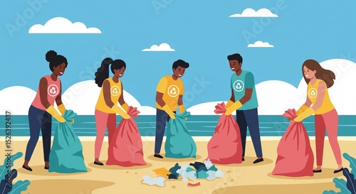 A group of good people are cleaning up plastic waste on the beach 
