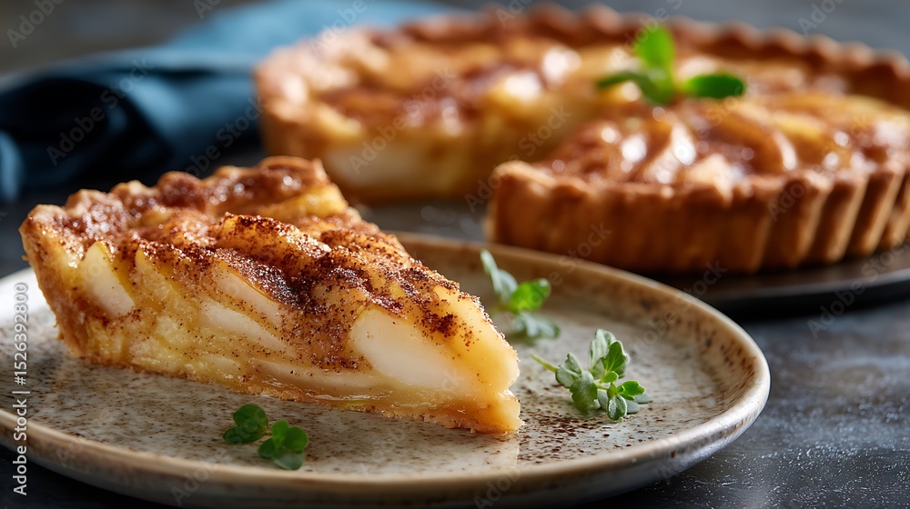 Slice of Apple Tart with Cinnamon on a Ceramic Plate Slice of Apple Tart with Cinnamon on a Ceramic Plate
