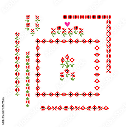 Set of traditional Ukrainian embroidery ethnic seamless borders with red stylized poppies ornament vyshyvanka for decorating clothes, bags, accessories. Part 3