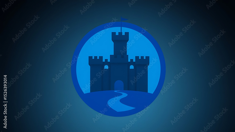 A stylized castle icon is depicted with a simple battlement design and a central tower surrounded by A stylized castle icon is depicted with a simple battlement design and a central tower surrounded by