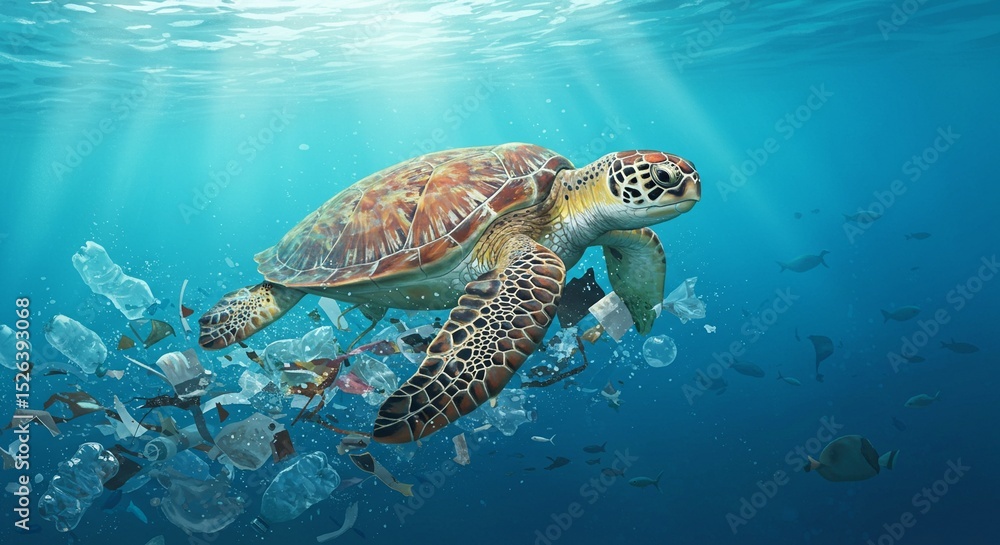 Fototapeta premium green turtle and pile of garbage 