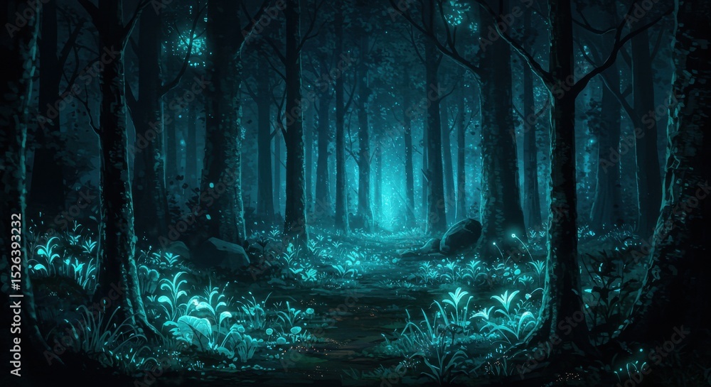 Fototapeta premium Ethereal forest illuminated by glowing flora a path winds through the mystical scene