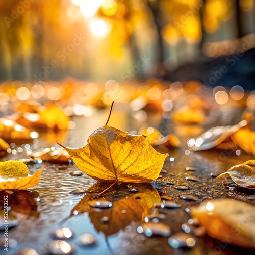 Wet Raindrops On Ground Yellow Fallen Leaves
