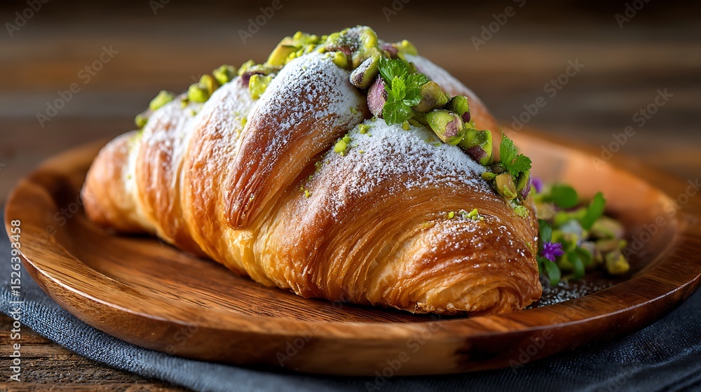 Golden Croissant Topped with Pistachios and Powdered Sugar on a Wooden Plate Golden Croissant Topped with Pistachios and Powdered Sugar on a Wooden Plate