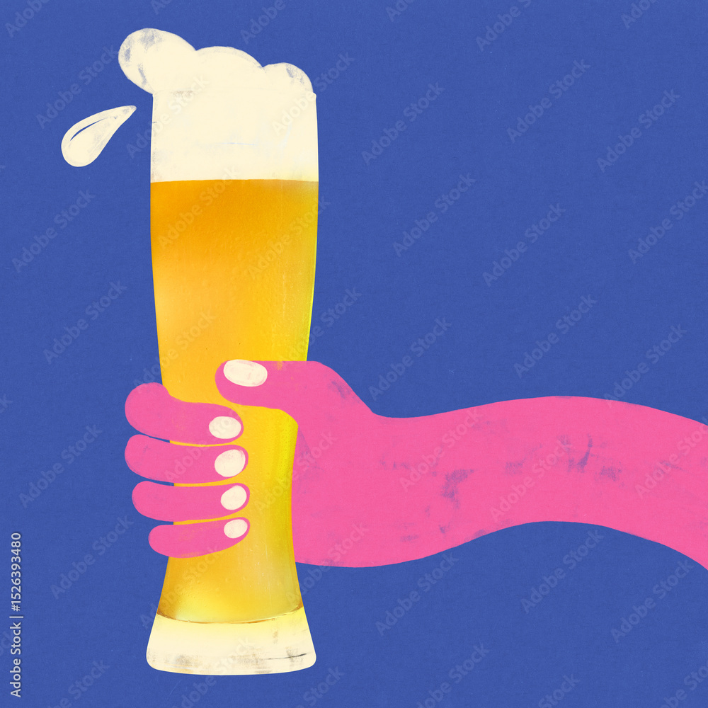 Naklejka premium Pink hand holding tall beer glass with foam on blue background. Abstract art design. Flat folk design. Concept of fresh lager, summer drink, party refreshment, Friday mood, weekend.