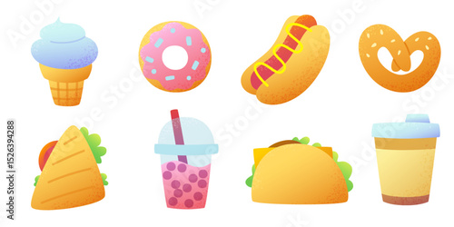 Fast food cartoon vector set. Textured street food clipart collection.
