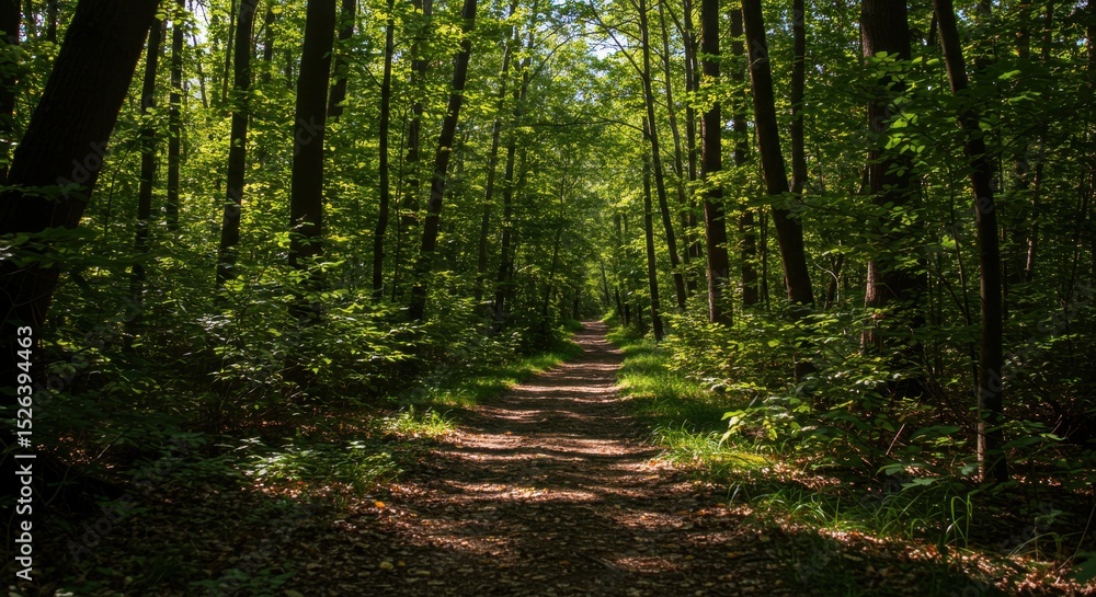 Fototapeta premium Forest Trail Beckons Sunlight dances on a path through lush woods promising adventure