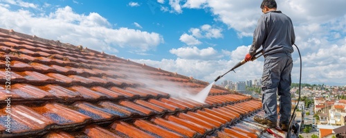Wallpaper Mural Professional Roofer Cleaning Roof Tiles with High-Pressure Washer Under Bright Blue Sky Torontodigital.ca