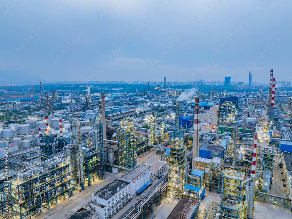 Obraz premium Aerial photography of a large petrochemical refinery at night