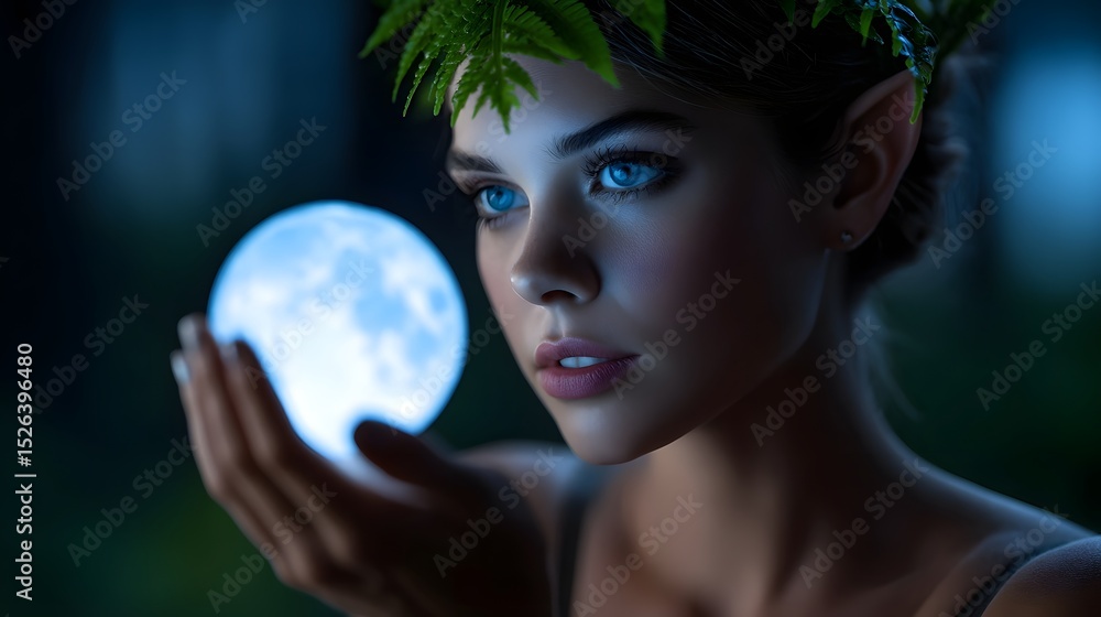 Naklejka premium Fairy holding a glowing moon orb in a mystical forest