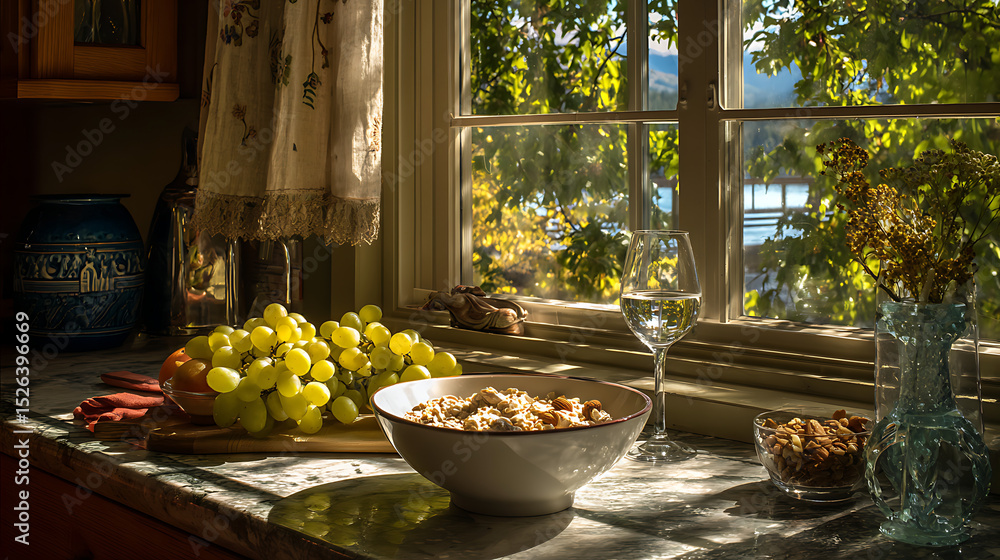 Fototapeta premium Healthy Breakfast Setup With Grapes, Oats, And Yogurt Near A Sunlit Window