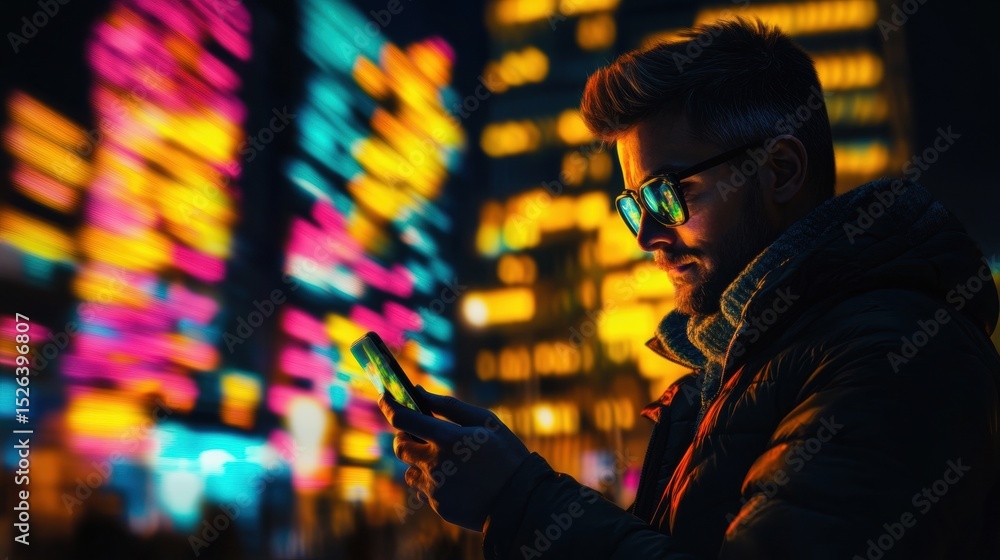 Obraz premium Man using smartphone in urban setting during nighttime hours