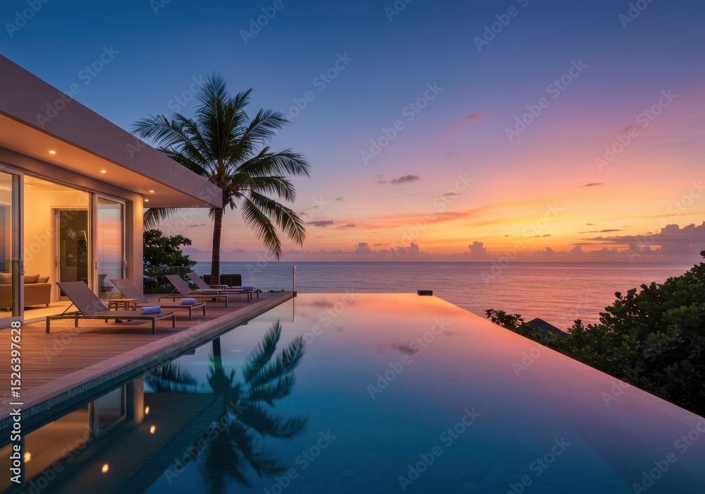 Fototapeta premium Infinity pool villa overlooking ocean at sunset with palm tree reflection