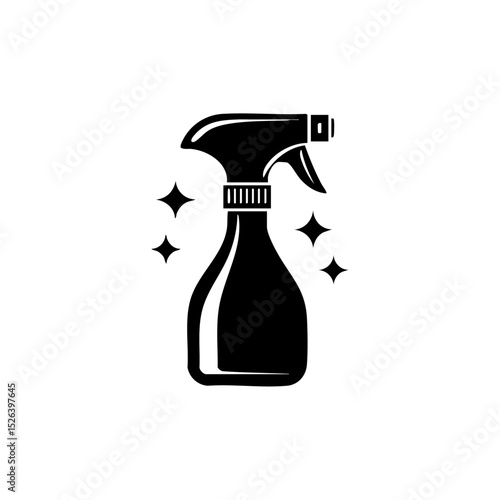 Vector logo of a cleaning spray bottle with sparkle effects in black minimalist style.

