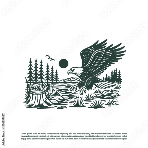 Hand drawn flying eagle isolated on white background