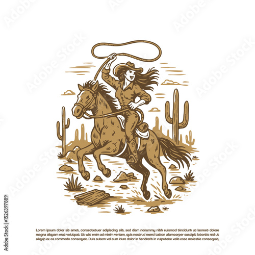 Retro hand drawn brave cowgirl with her  horse in the middle of the desert