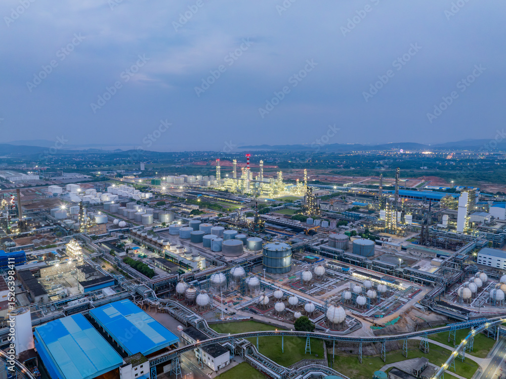 Obraz premium Aerial photography of a large petrochemical refinery at night
