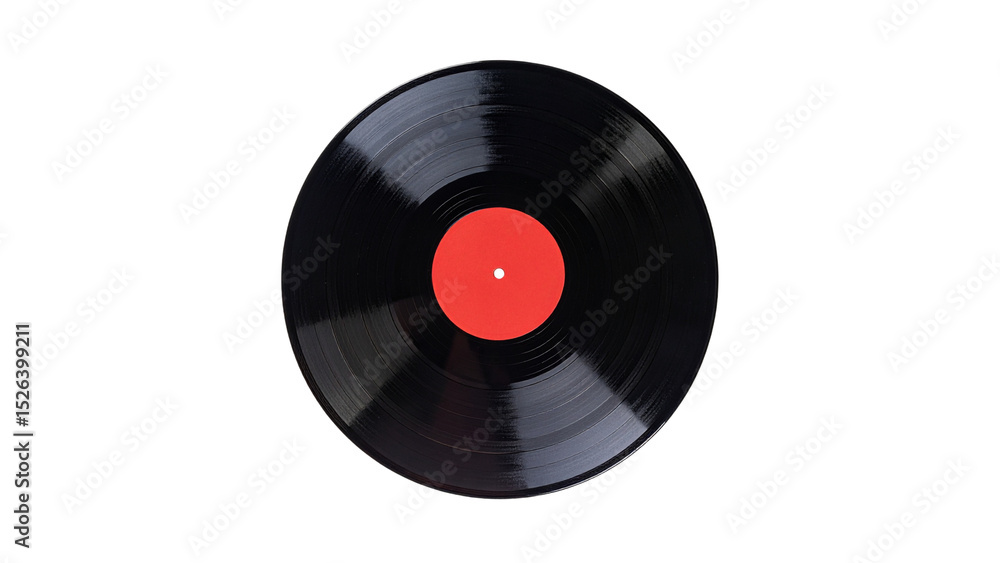 Fototapeta premium Vintage vinyl record with red label on black background, retro music nostalgia, classic analog audio disc isolated on dark backdrop