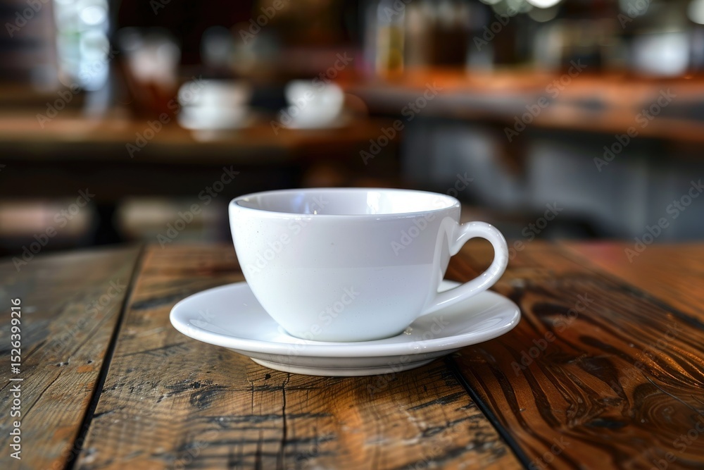 Flawless Visual of White Ceramic Coffee Cup with Saucer on Wooden Table Flawless Visual of White Ceramic Coffee Cup with Saucer on Wooden Table