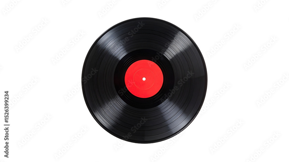 Obraz premium Vintage vinyl record with red label on black background, retro music nostalgia, classic analog audio disc isolated on dark backdrop