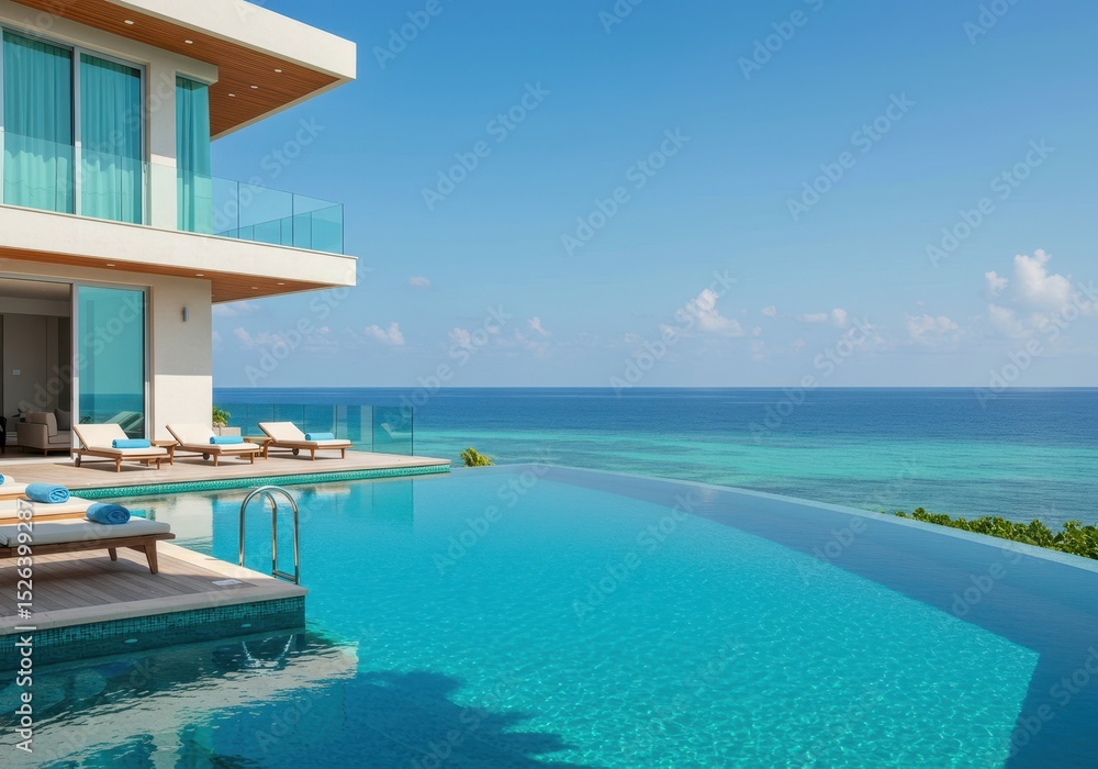 Fototapeta premium Luxury villa with infinity pool overlooking the ocean on a sunny day