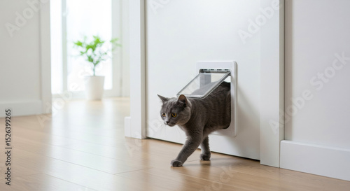 Curious gray cat explores through pet door in a modern home setting during daylight hours