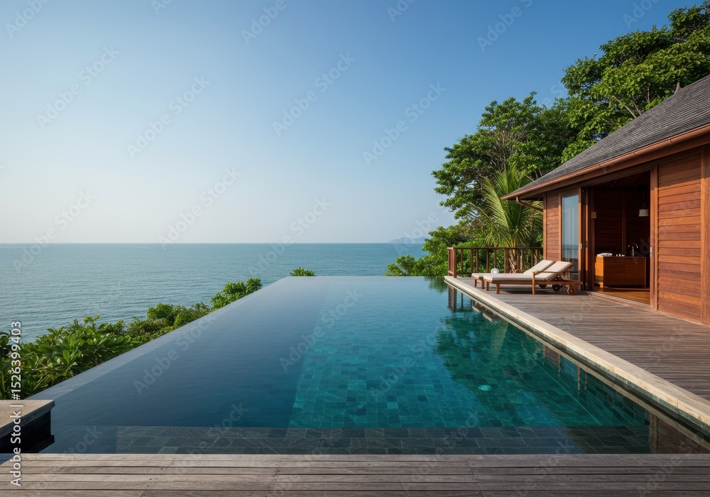 Fototapeta premium Infinity pool with ocean view at luxury tropical resort, thailand