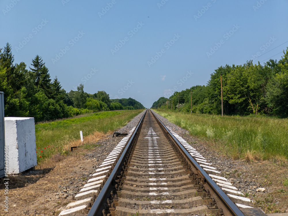 Fototapeta premium A train track in the middle of a grassy field