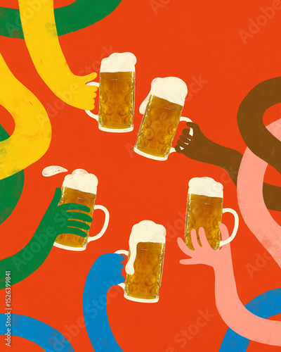 Colorful cartoon hands holding big beer mugs with foam on red background. Funny drawing artwork. Flat folk design. Concept of group toast, beer fest, party, summer, celebration, weekend