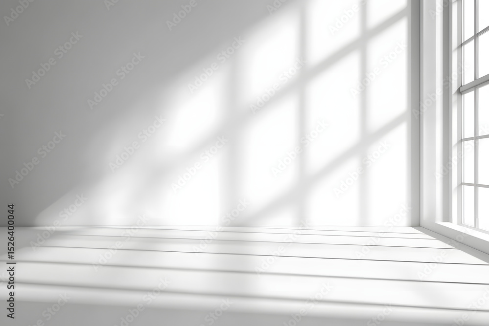 Obraz premium Abstract white studio background for product presentation. Empty room with shadows of window. Display product with blurred backdrop.