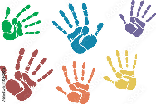 Colorful Assortment of Six Vibrant Handprints in Green, Blue, Purple, Orange, Red, and Yellow – Playful and Creative Design Featuring Detailed Fingerprints Arranged in a Pattern on White Background