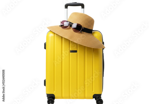 Isolated Yellow Suitcase with Straw Hat and Sunglasses
