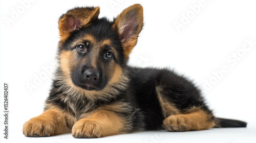 Adorable German Shepherd Puppy Lying On A White Background