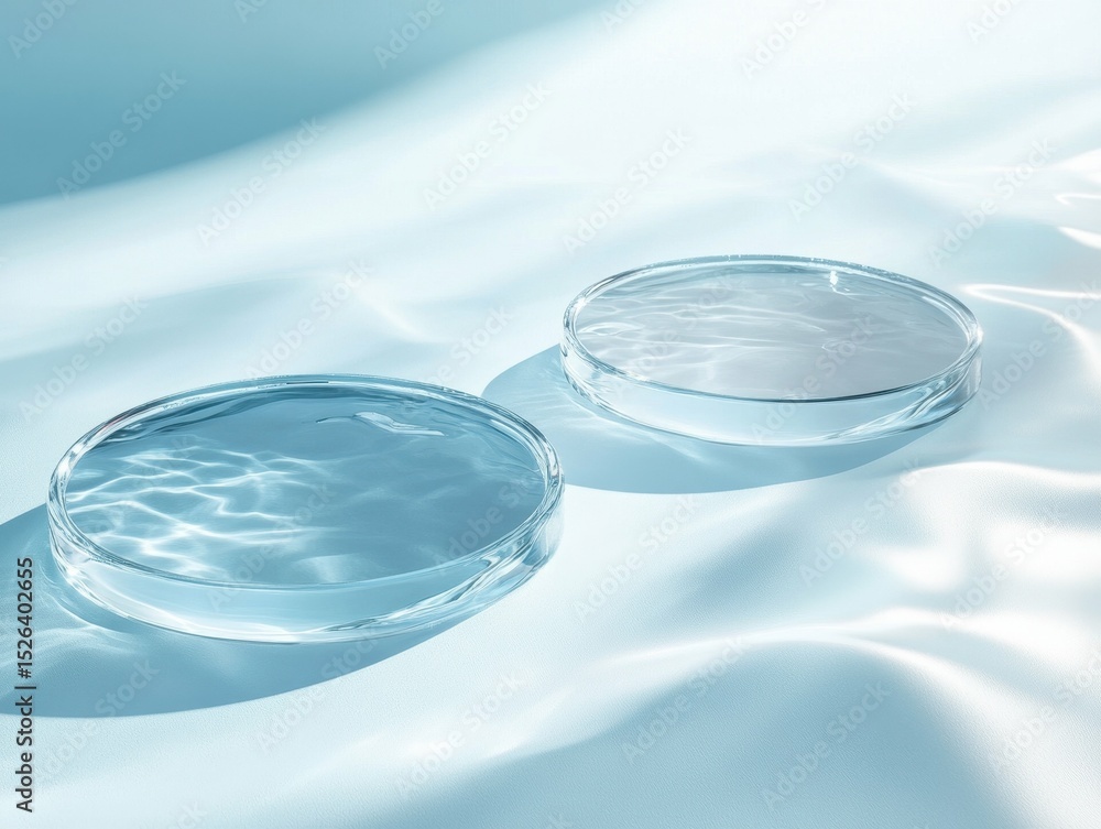 detailed image of Two empty clear glass circle podiums on beige transparent calm water texture with waves in sunlight detailed image of Two empty clear glass circle podiums on beige transparent calm water texture with waves in sunlight