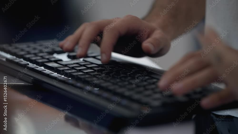 Close view hands on a laptop keyboard. Male's hands are typing on a keyboard while working at a desk. working at home. Online work. Close view hands on a laptop keyboard. Male's hands are typing on a keyboard while working at a desk. working at home. Online work.