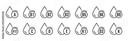 Set of vitamin icons inside drop shapes labeled A, B1–B12, C, D3, E, K1, and K, in black on white background, representing nutritional supplements, health, wellness, or dietary infographics.