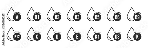 Set of vitamin icons inside drop shapes labeled A, B1–B12, C, D3, E, K1, and K, in black on white background, representing nutritional supplements, health, wellness, or dietary infographics.