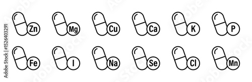 Essential minerals including Zn, Mg, Cu, Ca, K, P, Fe, I, Na, Se, Cl, and Mn, on white background, symbolizing nutrition, supplements, and health care.