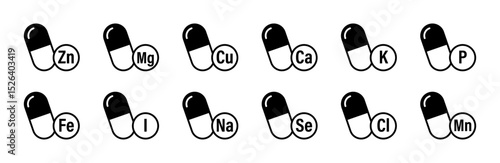 Essential minerals including Zn, Mg, Cu, Ca, K, P, Fe, I, Na, Se, Cl, and Mn, on white background, symbolizing nutrition, supplements, and health care.