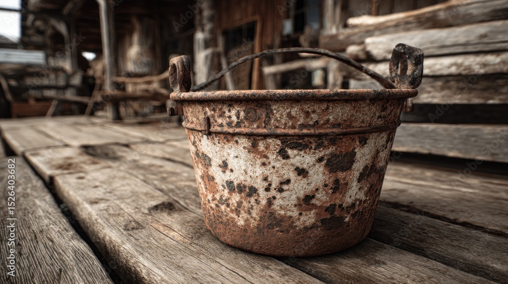 Fototapeta premium Weathered rust bucket on rustic wooden planks displaying aging and wear