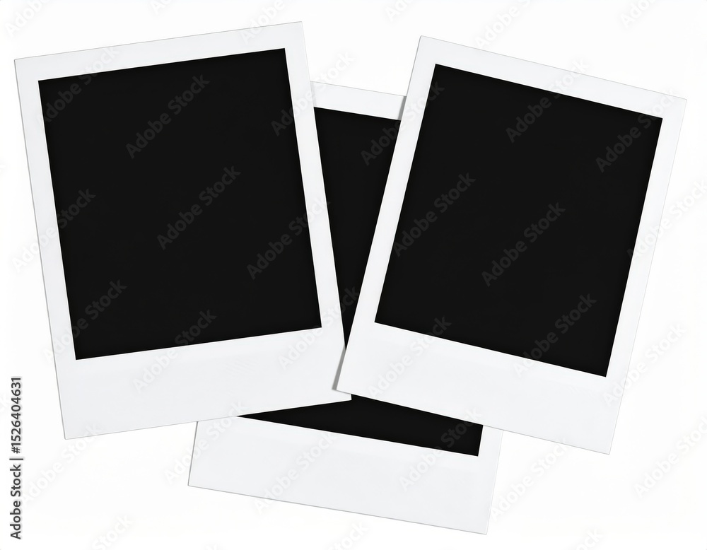 Three blank instant photos overlapping on a white background ready for memories Three blank instant photos overlapping on a white background ready for memories