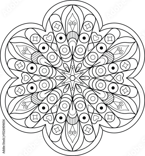 Oriental Mandala Design with Hearts and Star - Perfect for Adult Coloring and Relaxation