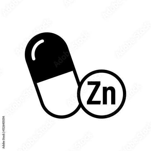 Zinc (Zn) supplement icon in capsule form, isolated on white background, symbolizing immune support, nutrition, dietary health, and mineral intake in wellness, medical, or pharmaceutical design.