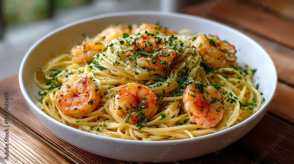 Shrimp Pasta with Garlic and Herbs in a White Bowl Shrimp Pasta with Garlic and Herbs in a White Bowl