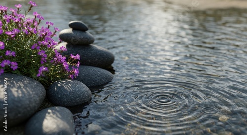 Stacked rocks with purple flowers near water creating ripples serene peaceful scene.