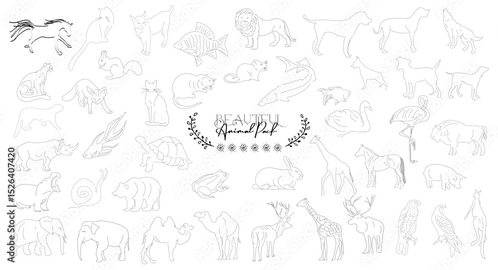 Lineart Animal Outline Drawings: A series of vector outline drawings presents a simple, monochrome style, featuring a variety of creatures sketched with delicate lines. Lineart Animal Outline Drawings: A series of vector outline drawings presents a simple, monochrome style, featuring a variety of creatures sketched with delicate lines.