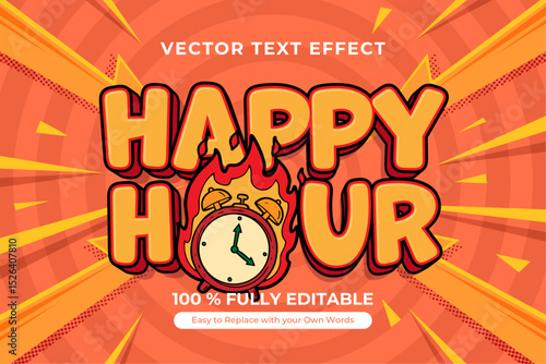 Happy Hour Cartoon Text Effect with Alarm Clock