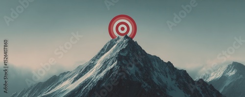 Red and White Target Symbol on Snow-Capped Mountain Peak Against Dramatic Cloudy Sky