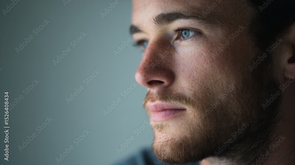 Obraz premium Young caucasian male with beard gazing intently in thoughtful profile portrait.